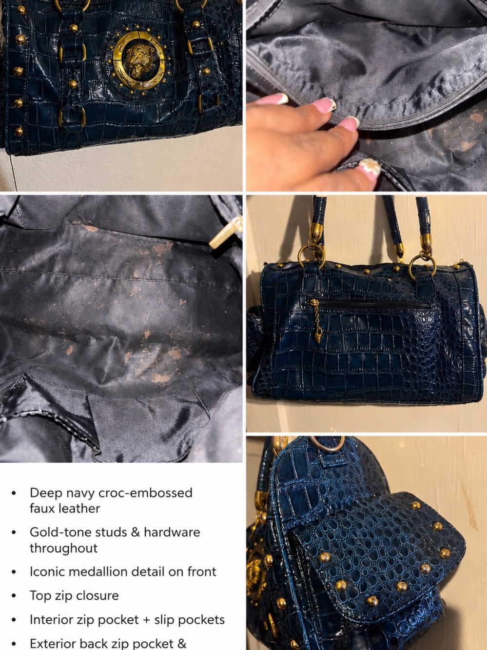 Deep Navy Croc-Embossed Satchel with Gold Hardware